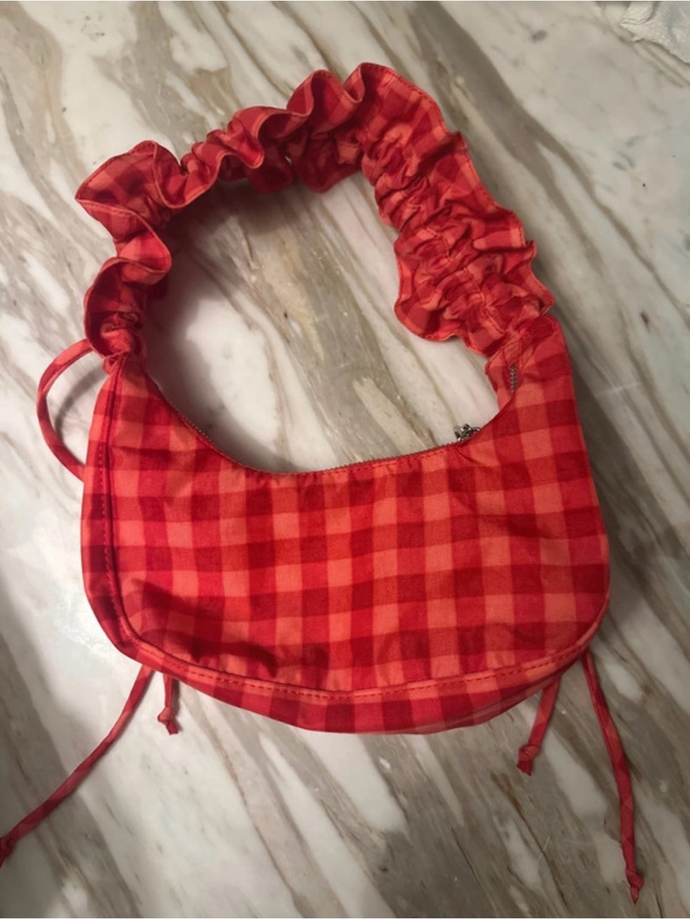 Molly Goddard BAGGU Red Plaid Scrunch Strap Shoulder Bag